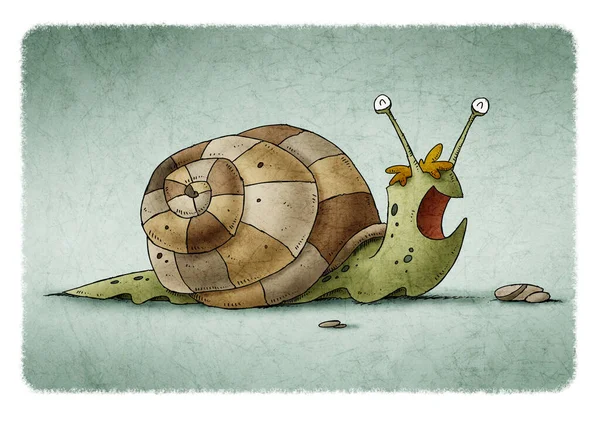 Child Illustration Green Snail Brown Shell Happy — Stock Photo, Image