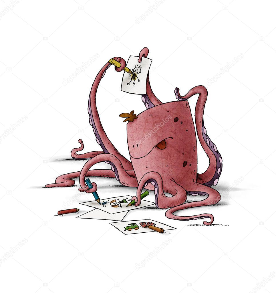 A happy and funny pink octopus is trying to draw with colored pencils on paper. Children's illustrations, isolated