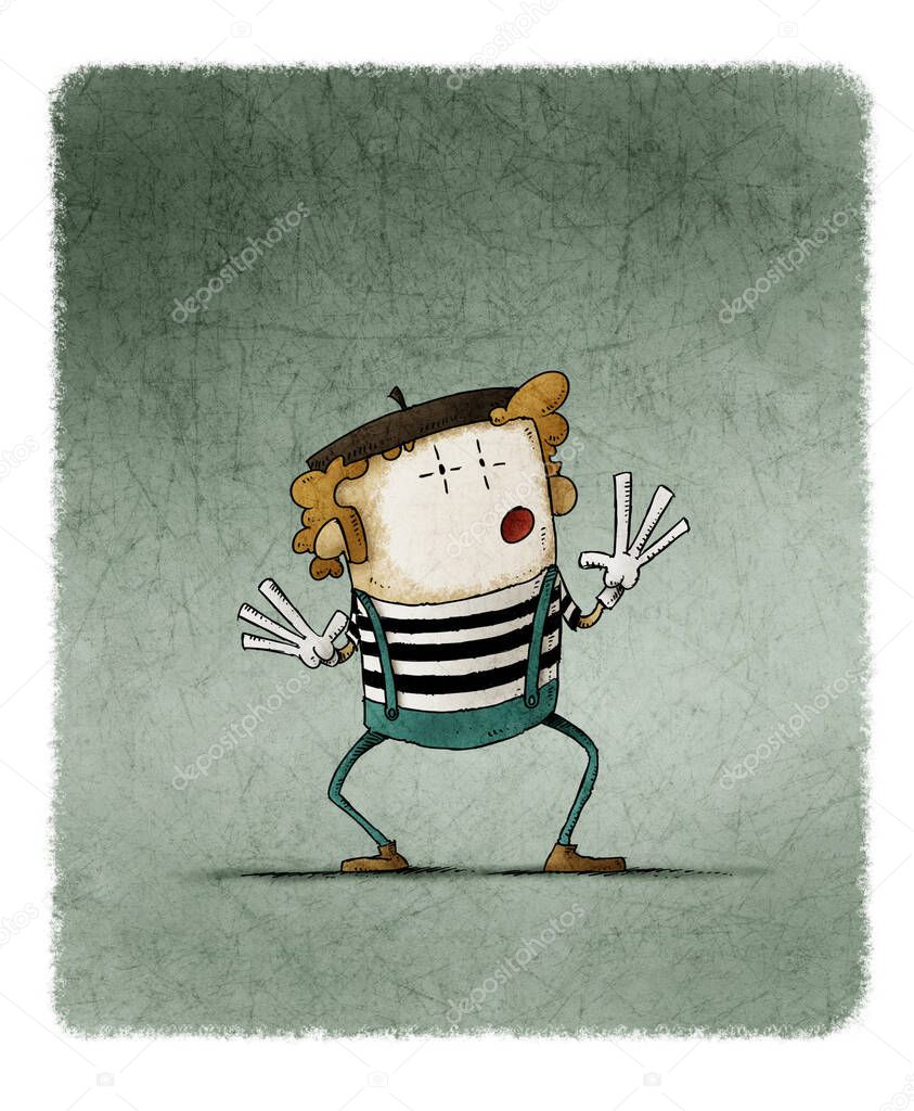 funny illustration of a mime with white painted face and striped t-shirt gesturing