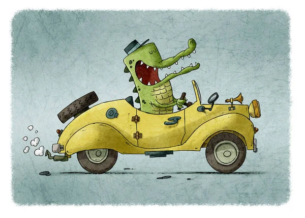 Ilustración Divertida Cocodrilo Con Tapa Que Conduce Coche Viejo Amarillo —  Fotos de Stock