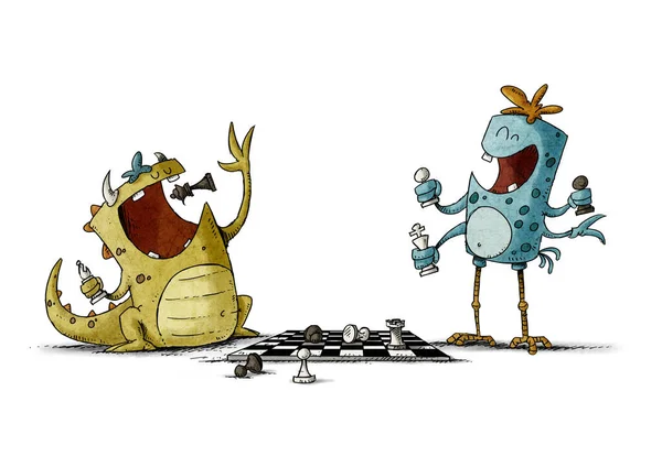 两个滑稽怪物下棋的例子和一个把一块东西放到他嘴里吃的例子 孤立的 — 图库照片
