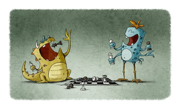 Ilustração Dois Monstros Engraçados Jogando Xadrez Está Colocando Uma Peça — Fotografia de Stock
