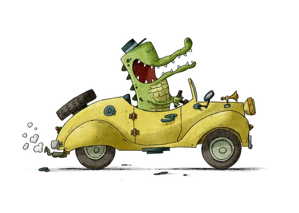 Смішна Ілюстрація Крокодила Кепкою Кермом Жовтого Старого Автомобіля Ізольовані Ліцензійні Стокові Фото