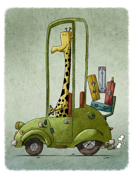 Ilustración Divertida Una Jirafa Conduciendo Coche Viejo Verde —  Fotos de Stock