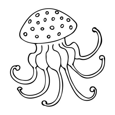 El çizimi vektör denizanası beyaz arka planda izole edilmiş. Siyah beyaz hisse senedi çizimi.