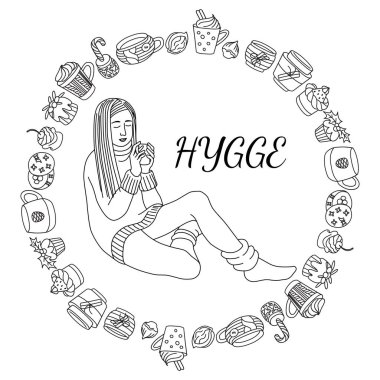 Hygge Danimarka 'da yaşayan bir kavramdır. El çizimi illüstrasyonlu arkaplanın stok vektör illüstrasyonuName. 