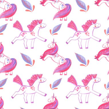 Elle boyanmış suluboya çiçeklerin ve tek boynuzlu atların kusursuz deseni. Beyaz arka planda şirin bir set. Tebrik kartları, düğün davetiyeleri, dekorasyon için kullanılabilir..