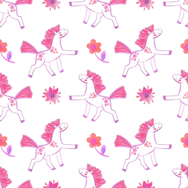 Seamless Pattern Handpainted Watercolor Flowers Unicorns Cute Stock Illustration Isolated — Stock Photo, Image