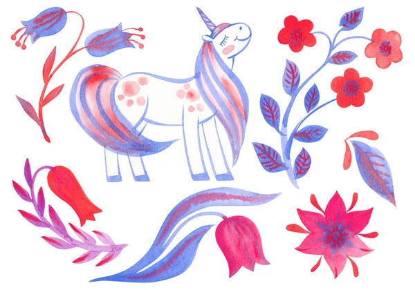 Warna Tangan Bunga Air Dan Unicorn Cute Ditetapkan Pada Latar — Stok Foto
