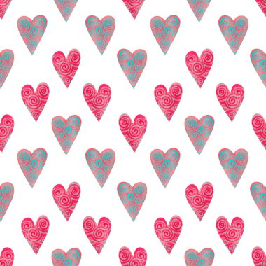 Beyaz arka planda izole edilmiş elle çizilmiş kalpleri olan dikişsiz suluboya deseni. Sevgililer Günü ve diğer romantik etkinlikler için şık bir geçmiş. Grafik biçiminde stok illüstrasyonu.