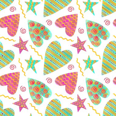 Beyaz arka planda elle çizilmiş kalpleri, yıldızları ve spiralleri olan dikişsiz suluboya deseni. Sevgililer Günü ve diğer romantik etkinlikler için şık bir zemin. Grafik biçiminde stok illüstrasyonu.