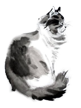 Doğu tarzı kedi resmi. Geleneksel Çin mürekkebi ve çamaşır boyası beyaz arka planda izole edilmiş. Orijinal el, siyah-beyaz suluboya resimleme.