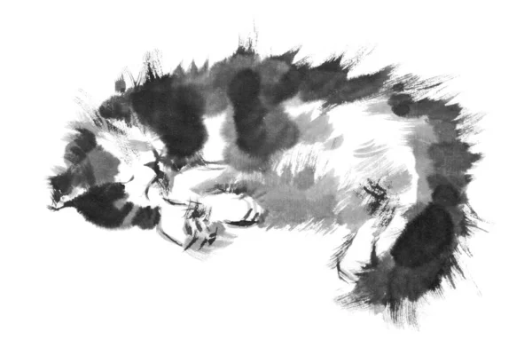 Oriental style painting of lying cat. Traditional chinese ink and wash painting isolated on white background. Original hand drawn black and white watercolor stock illustration.