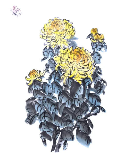 菊花水彩画有蝴蝶 中国传统油墨和水彩画 为您的设计隔离在白色背景上的库存图解 — 图库照片