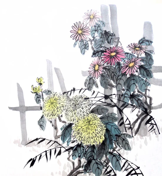 Watercolor of chrysanthemum flowers, traditional chinese ink and wash painting. Stock illustration for your design.