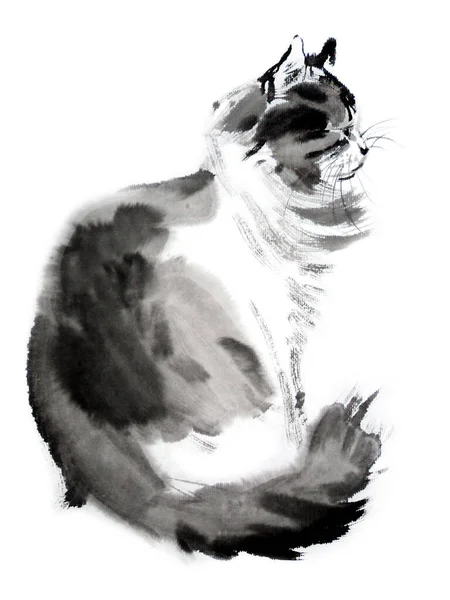 Oriental Style Painting Cat Traditional Chinese Ink Wash Painting Isolated — Stock Photo, Image