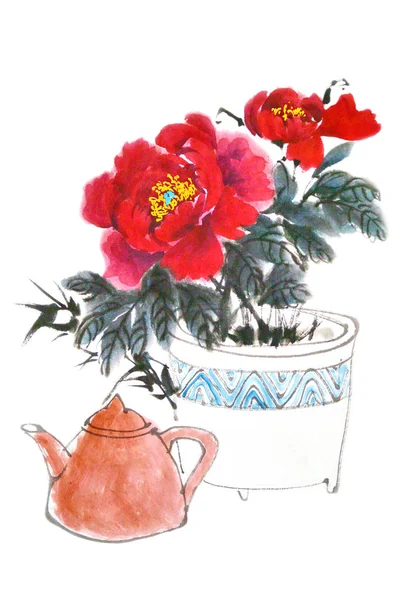 ティーポットと牡丹の花の水彩 伝統的な中国のインクやウォッシュペイント デザインのストックイラスト — ストック写真