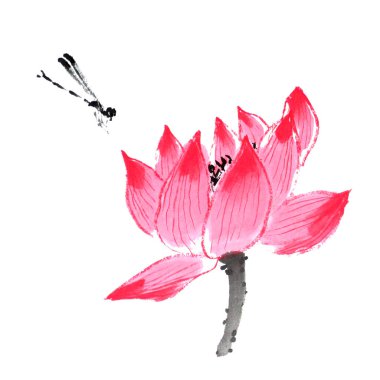 Lotus çiçeği ve yusufçuk çiçeği suluboya, geleneksel Çin mürekkebi ve çamaşır boyası. Tasarımınız için beyaz arkaplanda izole edilmiş hisse senedi çizimi.