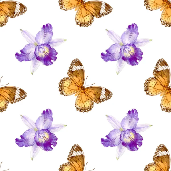 Bezproblémový Vzor Barevnými Květy Dobytka Motýly Orchideje Hmyz Akvarel Ilustrace — Stock fotografie