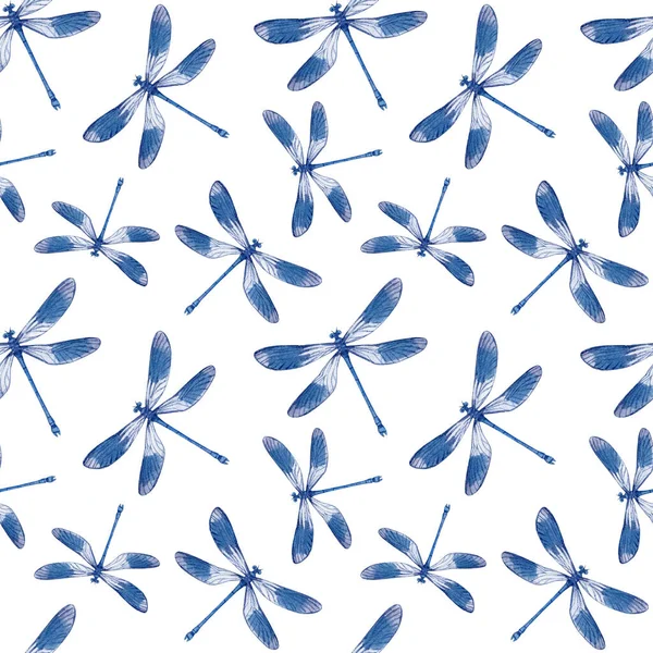 Aquarelle Motif Sans Couture Avec Libellules Bleues Papier Peint Sans — Photo