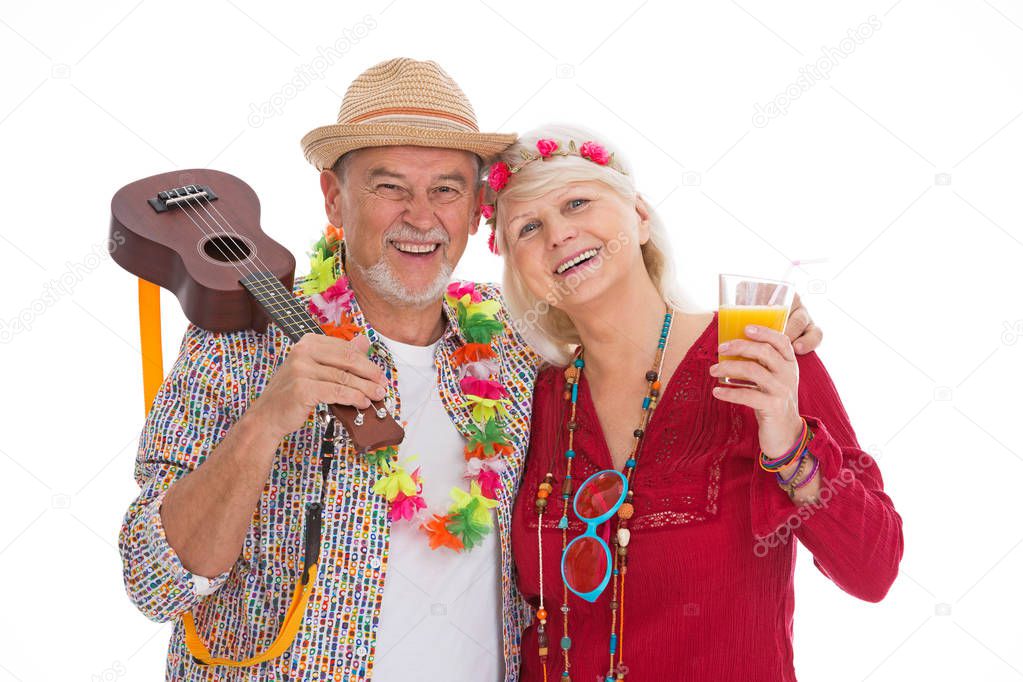 Senior couple dressed like a hippie
