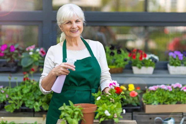 Mujer trabajando en floristería — Foto de Stock