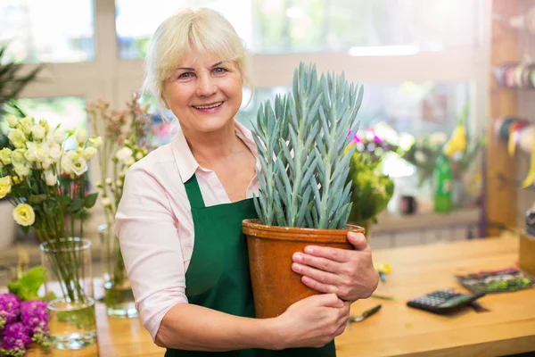 Vrouw die werkt in de winkel van de bloemist — Stockfoto