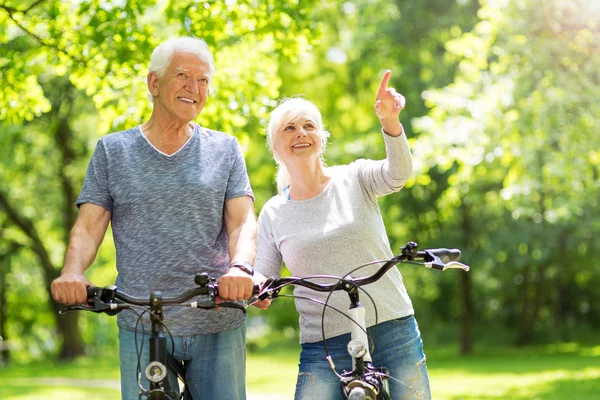 Senior par ridning cyklar i parken — Stockfoto
