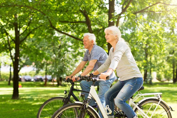上了年纪的夫妇在公园骑自行车 — 图库照片