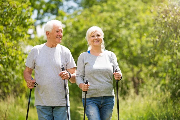 Senior couple nordic walking in park — Stock Photo, Image