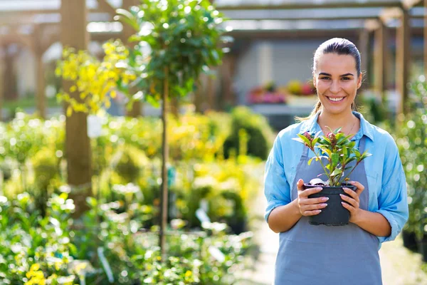 Vrouw die werkt in tuincentrum — Stockfoto