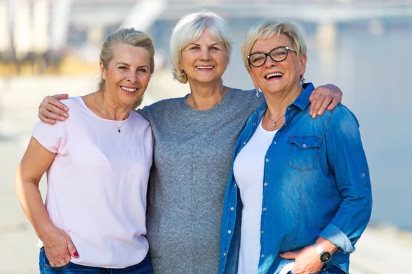 Grupo de mujeres mayores sonrientes de pie afuera — Foto de Stock