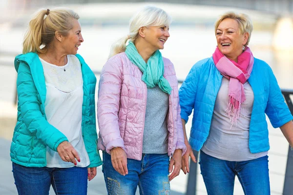 Groep glimlachend senior vrouwen permanent buiten — Stockfoto