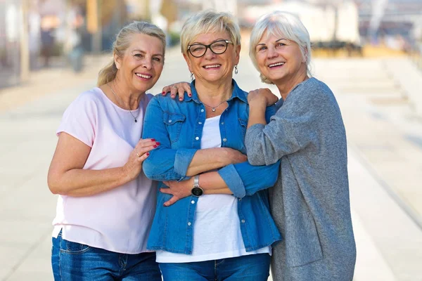 Gruppo di donne anziane sorridenti in piedi fuori — Foto Stock