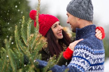 Genç çift Noel ağacı almaya