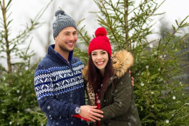Genç çift Noel ağacı almaya