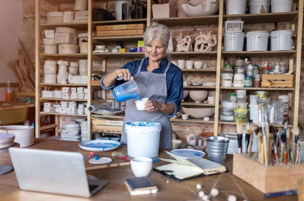 Porträt Einer Älteren Keramikkünstlerin Ihrem Atelier — Stockfoto