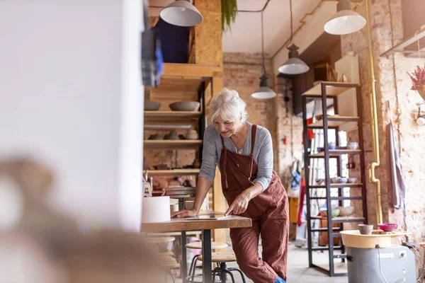 Portret Van Senior Vrouwelijke Aardewerk Kunstenaar Haar Atelier — Stockfoto