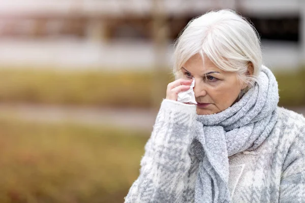 Weeping Old Woman Wipes Her Eyes Tissue — Stock Photo, Image