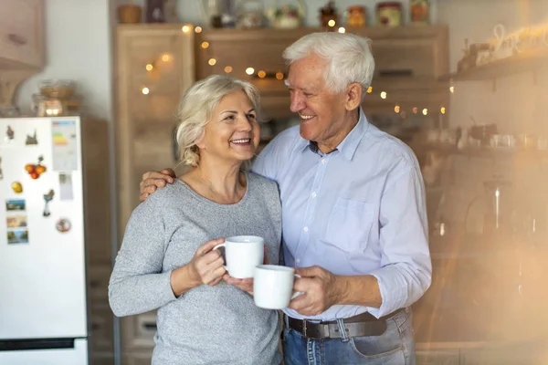 Feliz Casal Sênior Abraçando Sua Casa — Fotografia de Stock