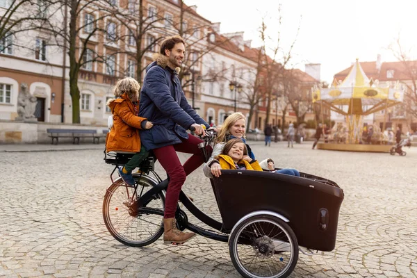 Young Family Enjoying Spending Time Together Riding Cargo Bicycle — Stock Photo, Image