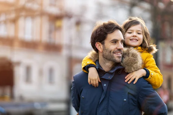 Dad Little Son Hugging Outdoors — 스톡 사진