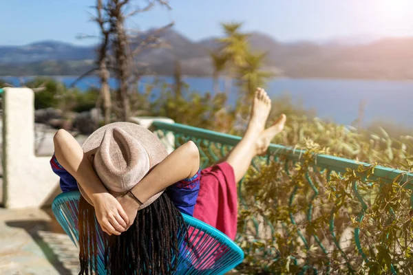 Rear View Young Woman Relaxing Balcony Greece — Stock Photo, Image