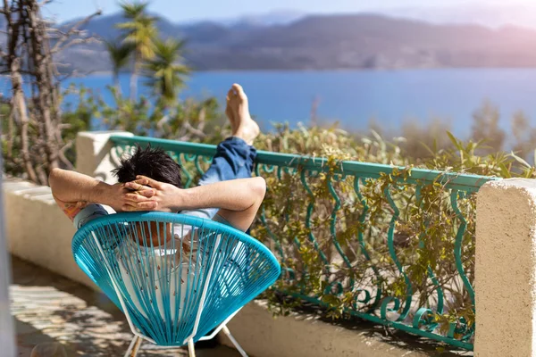 Rear View Young Man Relaxing Balcony Greece — Stock Photo, Image