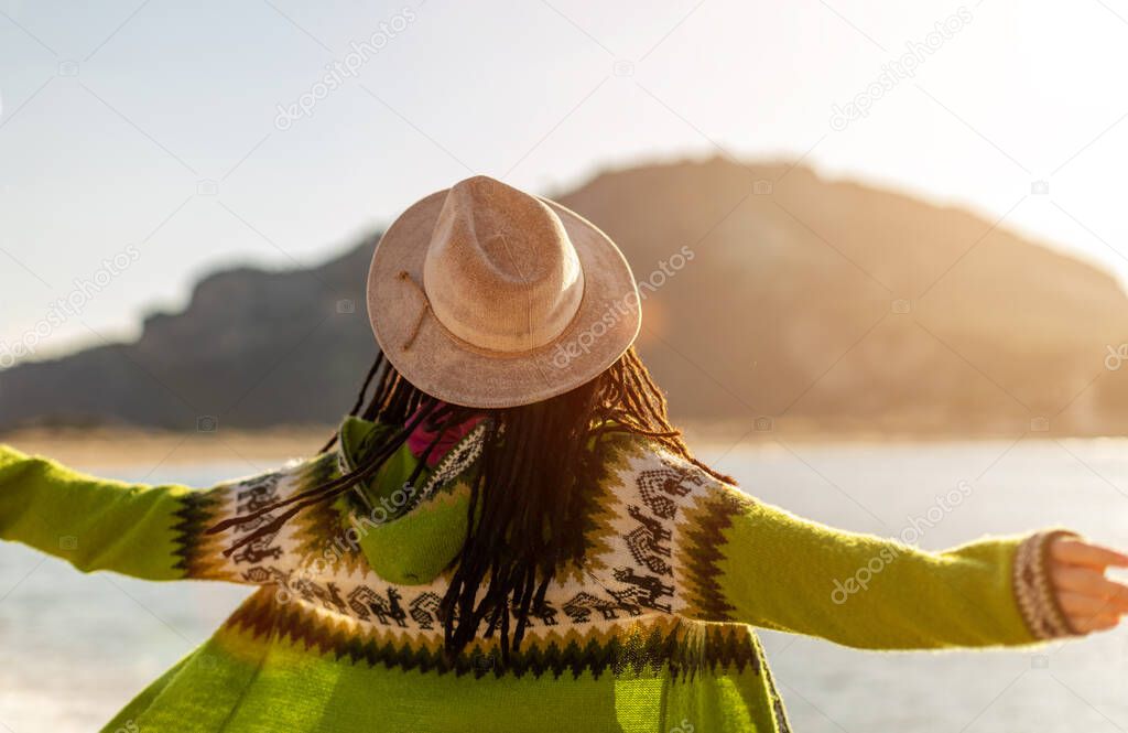 Rear view of young woman enjoying sunset on the beach