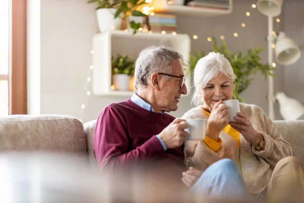Retrato Una Feliz Pareja Ancianos Relajándose Juntos Sofá Casa — Foto de Stock