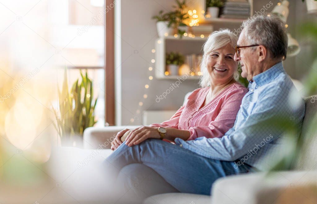 Portrait of a happy elderly couple relaxing together on the sofa at home