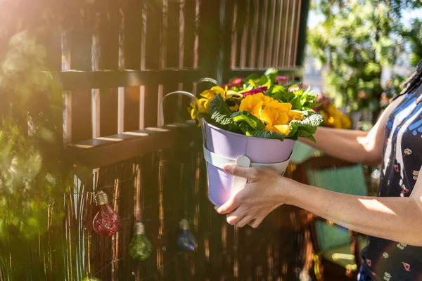 Jonge Vrouw Verzorgen Van Haar Planten Het Balkon — Stockfoto