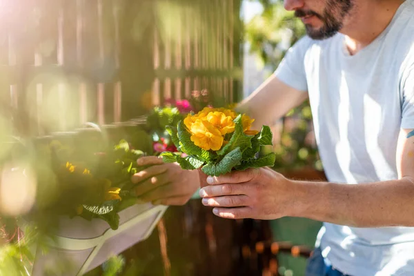 Jovem Cuidando Suas Plantas Varanda — Fotografia de Stock