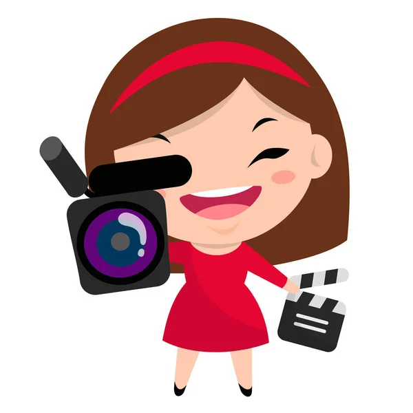 Menina sorridente com câmera e clapperboard vestindo vestido vermelho e headband — Vetor de Stock